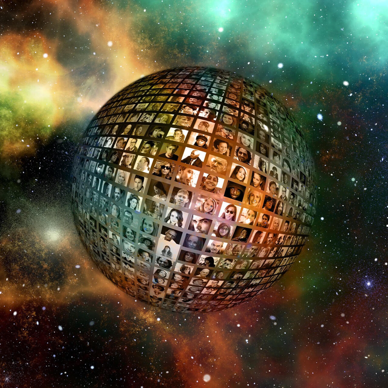 A globe made from many individual portraits floating in a star field.