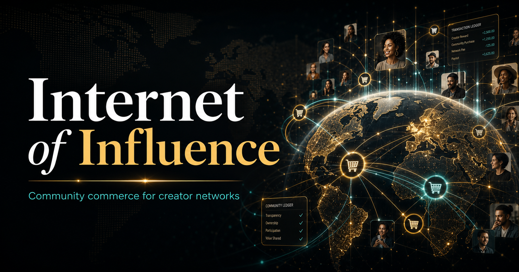 Internet of Influence presentation artwork showing connected creator commerce networks and transparent ledgers.